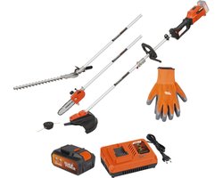 Powerplus 4-in-1 Tuin Multitool op batterijen POWDPGSET43 - 40 V tuingereedschap, heggenschaar, trimmer, kettingzaag en bosmaaier op accu, met accu, lader en handschoenen