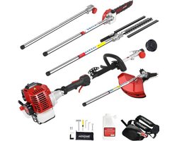 Professionele Bosmaaier – Benzine – Kantenmaaier Draadloos – Grastrimmer – 39CM Snijbreedte – Complete Set – 6 Opzetstukken – Met Gereedschap – Rood