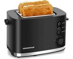 Aigostar 30J4R - Broodrooster Zwart - Toaster - 6 Warmteniveaus - 2 Extra Brede Sleuven - Reheat en Ontdooi-functie - 800W