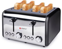 alpina Broodrooster - 4 Snedes Brood - 230V/1500W - 6 Bruiningsstanden - Ontdooien - Opwarmen - Toaster - Zilver