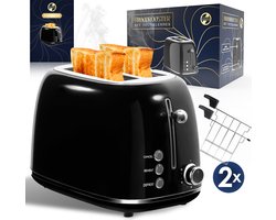 Asawa Broodrooster met Tostiklemmen – Toaster – Retro – 2 Extra brede sleuven – 3 standen, 6 niveau’s – Volledig RVS – Zwart – 850W