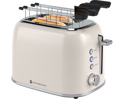 KitchenBrothers Broodrooster met Tostiklemmen - Toaster - 6 Warmteniveaus - Brede Sleuven - Broodrooster - 870W - Beige