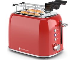 KitchenBrothers Broodrooster met Tostiklemmen - Toaster - 6 Warmteniveaus - Brede Sleuven - Broodrooster - 870W - Rood