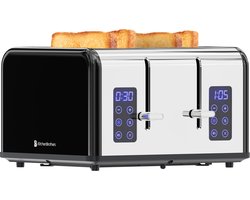 KitchenBrothers Broodrooster - Toaster - 6 Warmteniveaus - 4 Sneden - 4 Extra Brede Sleuven - Touch display - 1630W - RVS/Zwart