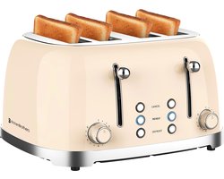 KitchenBrothers Retro Broodrooster - Toaster - 6 Warmteniveaus - 4 Sneden - 4 Extra Brede Sleuven - 1630W - Beige