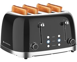 KitchenBrothers Retro Broodrooster - Toaster - 6 Warmteniveaus - 4 Sneden - 4 Extra Brede Sleuven - 1630W - Zwart