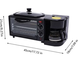 MELY 3-1 ontbijtmachine - broodrooster - koffiezetapparaat - elektrische oven - bakken en koken tergelijkertijd - koekenpan met anti aanbaklaag - grill - hoogwaardig materiaal - timing functie - gemakkelijk schoonmaak - veilig - koffiekan 600ml