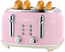 Salter Retro 4-Slice Broodrooster – Brede Sleuven, 6 Bruiningsniveaus, Ontdooien, Opwarmen, Annuleren Functies, Uitneembare Kruimellade, Extra Dik Brood/Bagels, 1630W, Roze