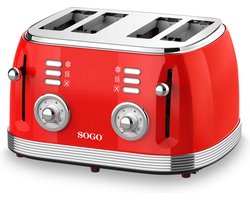 SOGO Retro Broodrooster - Toaster - Ontdooifunctie - 6 Warmteniveaus - 4 Sneden - 1550W - Rood