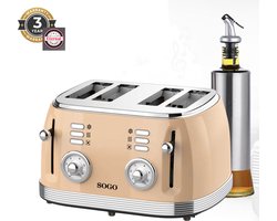 Sogo SS-5475 Roestvrij Staal Retro Broodrooster Set, 4 Sneetjes, Metallic Beige, met Elektronische Temperatuurregeling, Ontdooi-/Opwarmfunctie en Inclusief Maxenza Glazen RVS Oliefles