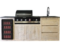 Outside Meubelen | Buitenkeuken - Palu | Boretti Ibrido Top BBQ | Koelkast 80L | Zwarte keukenkraan & spoelbak | Natuursteen blad | Steigerhout | Tuinmeubelen