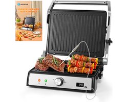 Aigostar 30MW8 - Contact Grill met Uitneembare Platen - Panini Grill met Antiaanbaklaag - 29.4x25cm - Met temperatuursonde - Regelbare thermostaat - Verticaal opbergbaar - 2000W