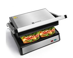 Aigostar Hett Pro Contactgrill Keramisch - Panini Grill met Non-Stick Keramische Plaat - voor 2 personen - Verticaal opbergbaar - 1500W - RVS/Zwart