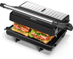 Aigostar York Pro - Contactgrill Keramisch - Panini Grill met Non-Stick Keramische Plaat - Grill Apparaat - 1000W - Verticaal opbergbaar - RVS/Zwart