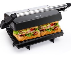 Aigostar York Pro - Contactgrill - Panini Grill - Tosti apparaat - Anti-aanbaklaag - 1000W - Verticaal opbergbaar - RVS/Zwart