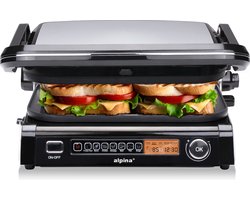 alpina Contactgrill 2100W - Tosti Apparaat met 7 Grill Standen - Tafelgrill met Uitneembare Platen - Panini Grill 37,6 x 33,1 cm - Anti-Aanbaklaag - RVS/Aluminium