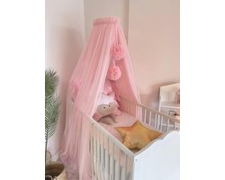 Bedhemel voor babybed - Roze Tulle Baldakijn met Muggennet en Decoratieve Pompons