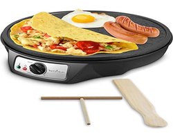 Elektrische bakplaat - crêpe maker - kookplaat - non-stick - 12 inch - aluminium - led-indicatielampjes - houten spatel - beslagspreider - PCRM12EU