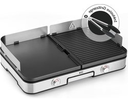 Elektrische tafelgrill - incl. grilltang en spatbescherming - 2400 W - elektrische grill voor binnen en buiten - balkon tafel grill - platengrill indoor Contactgrill uitneembare platen