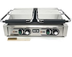 HCB® - Professionele Horeca Paninigrill - dubbel - geribbeld - 2 x 230V - RVS / INOX panini grill - Tosti apparaat - contact grill - 56.5x30.5x20 cm (BxDxH) - 20 kg - 8734