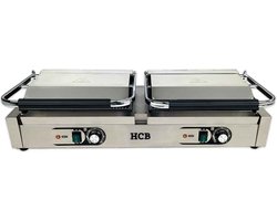 HCB® - Professionele Horeca Paninigrill - dubbel - geribbeld - 230V - RVS / INOX panini grill - Tosti apparaat - contact grill - 84.5x30.5x20 cm (BxDxH) - 20 kg - 6848