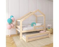 Houten huisbed voor kinderen | Uitschuifbed met anti uitvalbeveiliging | 70x140 - 90x200 cm | Jeugdbed en stapelbed voor jongens en meisjes