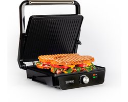 Royalty Line® PG7937 Contactgrill - Groot Panini Grill - Zwevende Bovenplaat - Multifunctionele Grill Apparaat Met Antiaanbaklaag - 2000W - Instelbare Temperatuur - 29 x 24cm - Zwart/RVS