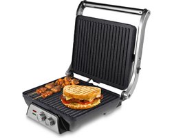 SOGO Tosti Apparaat - Grill apparaat - Contactgrill met Temperatuurregeling - 180°C Uitklapbaar - Anti-aanbaklaag - Timer - 2000W - RVS