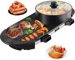 Vevor 2-in-1 Elektrische BBQ Pan Grill en Hot Pot - Krachtig 1600W - Draagbaar en Rookvrij - Afneembare Anti-aanbaklaag - BBQ - Gourmet - Grill - Kookgerei - Koken