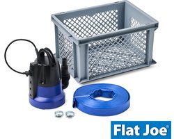 Flat Joe ® - Plug&Play set VIP - vlakzuigende dompelpomp tot 1mm - slang 25mm (lengte 10mtr) incl. 2 slangklemmen en krat - wateroverlast - vlakzuigpomp - dweilpomp - FlatJoe vlakzuiger - hoogwater set