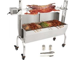 speenvarkensgrill lamsgrill 117 cm, 60 kg RVS rotisserie 4-traps in hoogte verstelbaar, 50 W 2 in 1 BBQ rotisserie grill incl. kruidenpot & reinigingsborstel & handvat elektrische grill met baffle