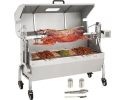 speenvarkensgrill lamsgrill 117 cm, 60 kg RVS rotisserie in hoogte verstelbaar in 4 niveaus, 50 W 2 in 1 BBQ rotisserie grill incl. kruidenpotje & reinigingsborstel & handvat elektrische grill met deksel