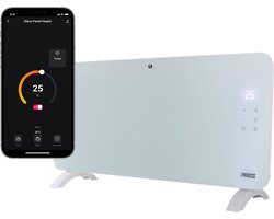 Elektrische kachel Smart – Princess Convectorkachel met glazen paneel 348151 - Ingebouwde Thermostaat - Bediening met App – paneelverwarming - Mobiele app - LED touchscreen - 1500W – 76 x 38 cm - 24 m² – Vrijstaand/Wandmontage – Energiezuinig - wit