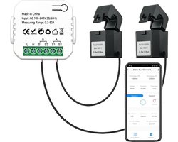 Smart wifi Energie Monitor | Zonnepanelen | 2-klemmen | Gebruiker & Verbruiker | max 80A | 100-240V | met Slimme App | Tuya | Geschikt voor automatisering