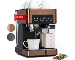 Arabica Comfort Espressomachine - 1350 Watt - 20 Bar - Uitneembare Watertank: 1 -8 Liter - 90° Rvs Stoompijpje - Uitneembaar Melkreservoir - Touch Bedieningspaneel - Leddisplay - Afwasbaar Lekrooster - Bekerwarmer - Koperkleur