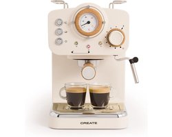 CREATE/THERA RETRO/Espressomachine Mat Gebroken Wit en Hout/ESE gemalen koffie en pods, halfautomatische koffiemachine met 15 bar drukpomp en 1100W vermogen, glanzende afwerking