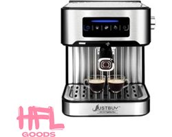 HFL Goods Espresso Apparaat - Geniet Van Barista-Kwaliteit Thuis Met Het LCD Touch Espresso Koffiezetapparaat - Met Semi-Automatische Pomp En Cappuccino Melkopschuimer Voor Perfecte Koffie Ervaringen - Zilverkleurig