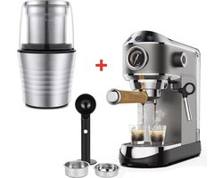 J&R Koffiemachine met losse bonenmaler- Halfautomatisch - Espresso - Koffie - Espressomachine - Melkopschuimer - Bonenmaler - Grinder - Cappuccino - Latte - Mokka - Grijs