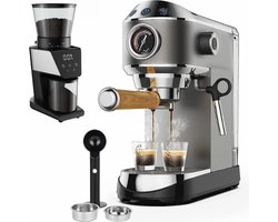 Rakmishop - Espressomachine - Incl melkopschuimer & Elektrische Koffiebonenmaler - Espresso koffiemachine - Cappuccino - Latte en Mokka - 20Bar - 220V - 1350W - Semi automatisch - RVS