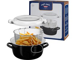 5L Emaille Chip Pan Zwarte Friteuse met glazen deksel - Kleine Fryer 16x33x27