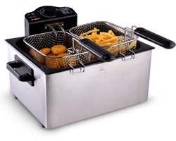 alpina Frituurpan 5 Liter - Dubbele Friteuse met 3 Frituurmanden, 1x Groot en 2x Klein - Frituur Instelbaar tot 190 °C - Frietpan met 2000W - RVS