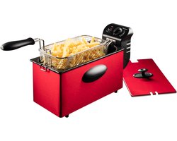 Bestron friteuse met koude zone, frituurpan met mand, inclusief traploos instelbare temperatuurregelaar, 2000W, 3,5 L, kleur: rood