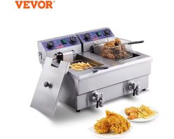 Dubbele Frituurpan - Commerciële Elektrische Friteuse - Met Afvoerkraan - Timer - Dubbele Tanks - 12l - 3000W - 2x 1500W - Roestvrijstalen Friteuse - Afzonderlijke Schakeling