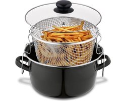 Emaille friteuse pan met glazen deksel - zwart - kleine friteuse voor frituren met zeef