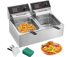 Luxe Dubbele Frituurpan – Frituur – Frietpan – Friteuse – 2 Onafhankelijke Thermostaten – Vervangbare Manden – 12L – RVS – 5000W – Zilver