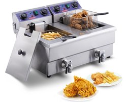 Verkoop Nederland® - Friteuse Dubbel - Met Dubbele Tanks - Roestvrijstalen Friteuse - Met timer - Met filter - 2 x 6 liter - Tot 200°C - 2 x 1500 watt - Koude zone - Aftapkraan - RVS