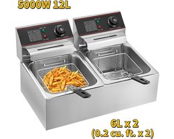 Vevor - Dubbele Friteuse - Dubbele Frituurpan - Elektrische Friteuses - Frietjes - Frituurpan Dubbel - 2 x 6 Liter - Zilver