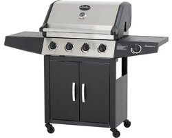 BIGHORN Gasbarbecue en Grill – 4+1 Branders – RVS/Zwart - 15.1kW - L143x W53,5 x H111,5 cm - Dubbelzijdige Gietijzeren Grilplaten - incl. Gasdrukregelaarset 50 mbar & Slang 50 cm