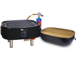 Deluxe Mini draagbare Gas BBQ - Zwart - met propaanpatroon Bernzomatic - gietijzeren grill - met slang en regelaar - snijplank