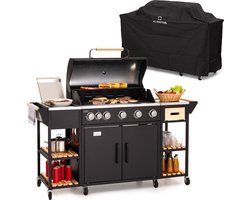 Klarstein Jersey Buitenkeuken Bbq Grill - 5+1 RVS Brander - Gasbbq + 2 Werkbladen - Gasflessen Tot 11 kg - 1 Schuiflade - 4 Schappen - 1 Vershoudbak Met Deksel - Snijplank - 8 Wielen - Outdoor Kitchen - Incl. Regenhoes - Zwart